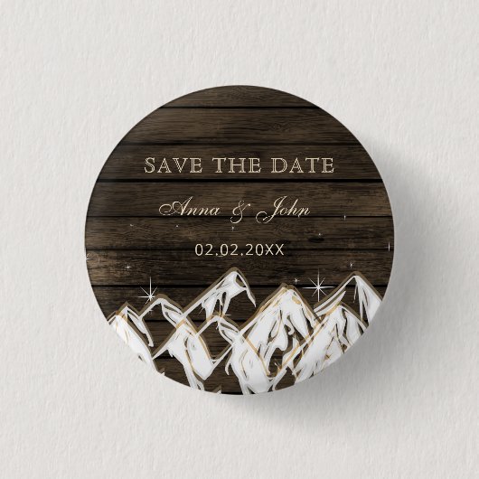 Sperrholz Rustikale Berge Save the Date Button (Vorderseite)