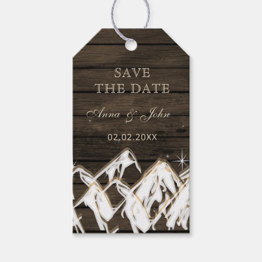 Sperrholz Rustikale Berge Save the Date Geschenkanhänger (Vorderseite)