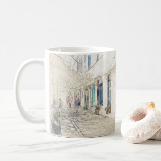 Spetses traditionell griechische Straßen, Griechen Kaffeetasse (Mit Donut)