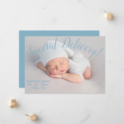 Spezielle Liefertermine Script Baby Boy Blue Birth Ankündigung (Vorderseite/Rückseite Beispiel)