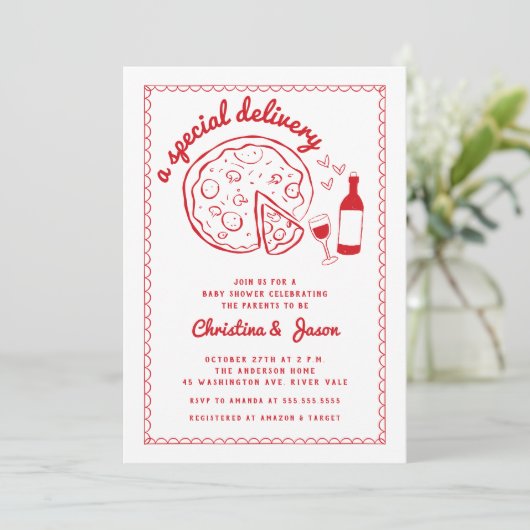 Spezielle Lieferung Pizza Baby Dusche Einladung (Stehend Vorderseite)