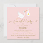 Spezielle Lieferung Storch Pink Baby Dusche Sprink Einladung (Vorderseite)