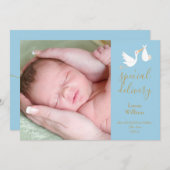 Spezielle Lieferung Stork Baby Boy Blue Foto Birth Ankündigung (Vorne/Hinten)