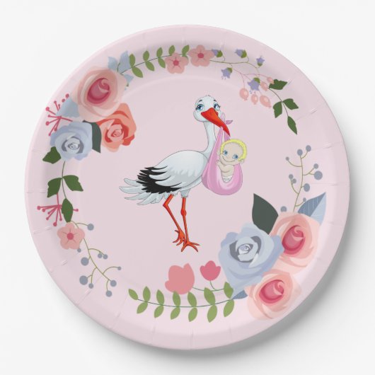 Spezielle Lieferung Stork Floral Baby Dusche Pappteller (Vorderseite)