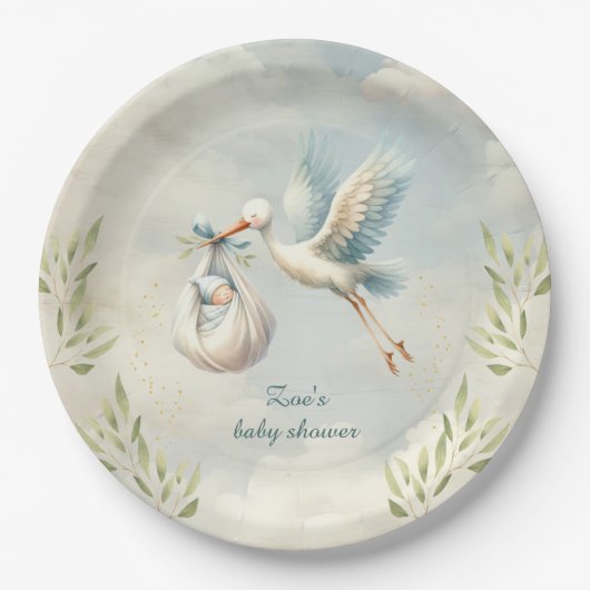 Spezielle Lieferung Vintage Stork Boy Babydusche Pappteller (Vorderseite)