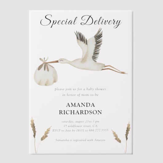 Spezielle Lieferung Wasserfarben Stork Baby Dusche Pergament Einladungen (Vorderseite)