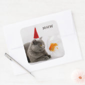 Spezielle Monogramm-Aufkleber für Funny Cat & Fish Quadratischer Aufkleber (Umschlag)
