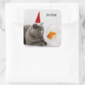 Spezielle Monogramm-Aufkleber für Funny Cat & Fish Quadratischer Aufkleber (Tasche)