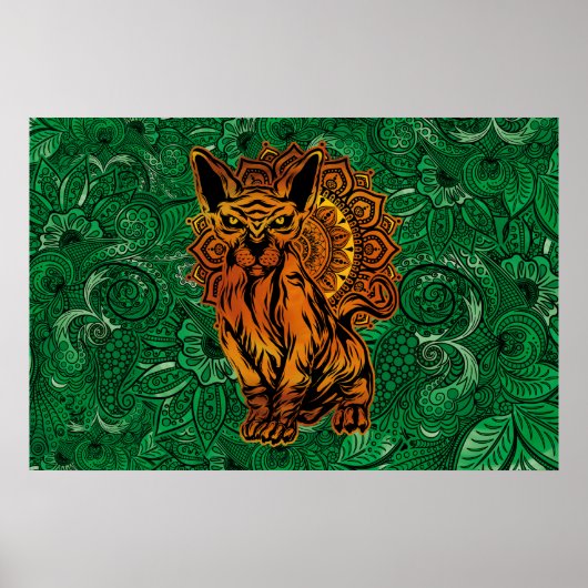 Sphinx Cat Tattoo concept Art with a Mandala Back. Poster (Vorne)