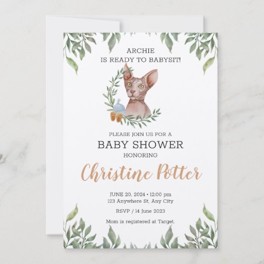 Sphynx Cat Boy Boho Greenery Baby Shower Einladung (Vorderseite)