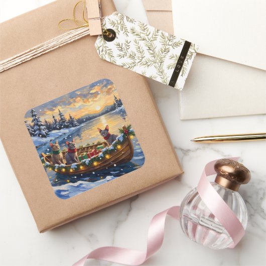 Sphynx Cat Christmas Boat Holiday Quadratischer Aufkleber (Schenken)