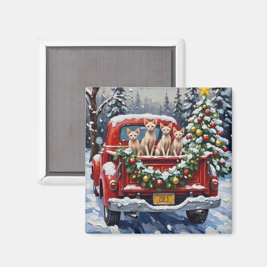Sphynx Cat Christmas Red Truck Holiday Magnet (Vorderseite/Rückseite)