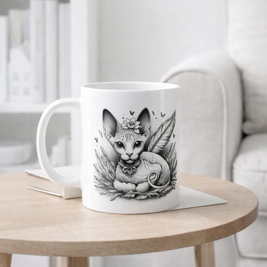 Sphynx Cat Fairy Vintage Line Art Kaffeetasse