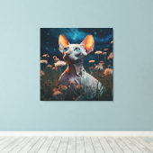 Sphynx Cat Gazing Sky – Vibrant Floral Art Leinwanddruck (Insitu (Holzboden))