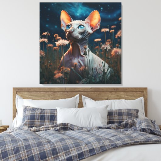 Sphynx Cat Gazing Sky – Vibrant Floral Art Leinwanddruck (Insitu (Schlafzimmer))