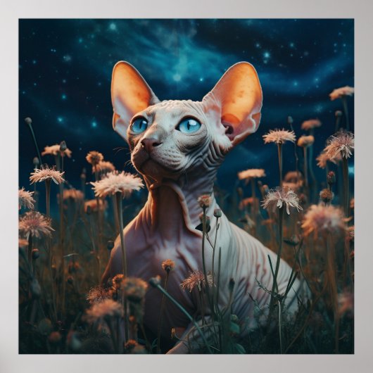 Sphynx Cat Gazing Sky – Vibrant Floral Art Poster (Vorne)