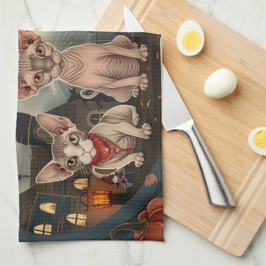 Sphynx Cat Halloween Spooky Geschirrtuch (Viertel Falte)