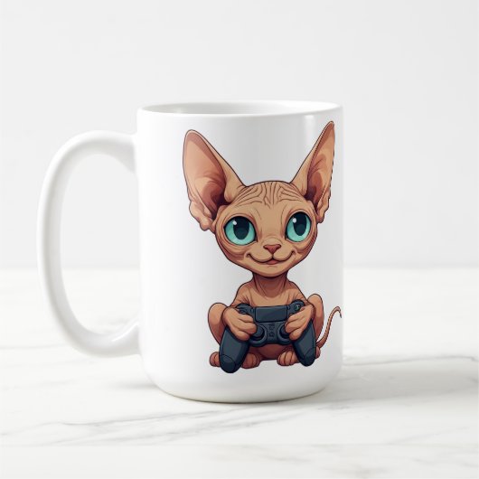 Sphynx Cat Holding Game Controller Kaffeetasse (Links)