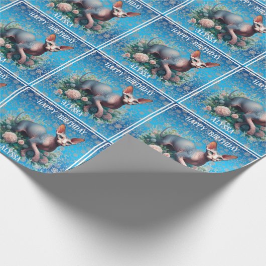 Sphynx Cat Hübsch Blue Birthday Geschenkpapier (Ecke)