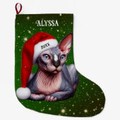 Sphynx Cat Hübsch Green Christmas Großer Weihnachtsstrumpf (Vorderseite)