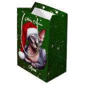 Sphynx Cat Hübsch Green Christmas Mittlere Geschenktüte (Rückseite Schrägansicht)
