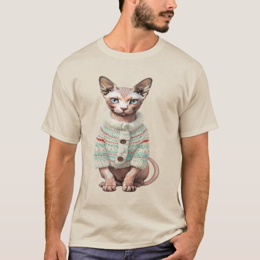 Sphynx Cat in Cosy Winter Sweater - Einzigartiges T-Shirt (Vorderseite)