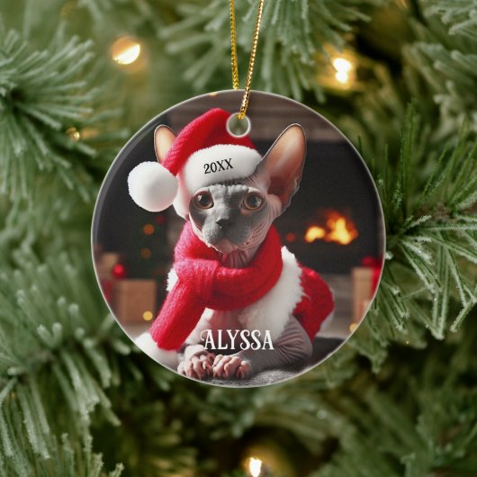 Sphynx Cat in der Weihnachtsmannmütze Weihnachten Keramik Ornament (Baum)