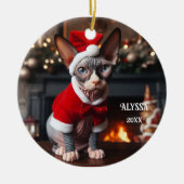 Sphynx Cat in der Weihnachtsmannmütze Weihnachten Keramik Ornament (Vorne)