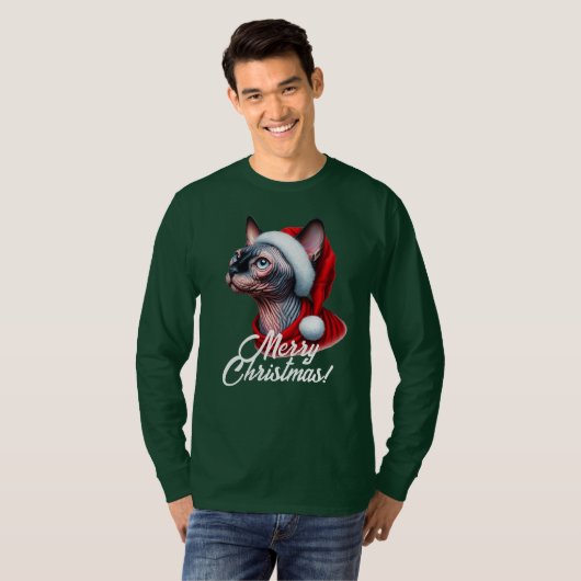 Sphynx Cat in der Weihnachtsmannmütze Weihnachten T-Shirt (Vorne ganz)