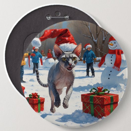 Sphynx Cat läuft im Schnee mit Weihnachtsmütze Button (Vorne & Hinten)