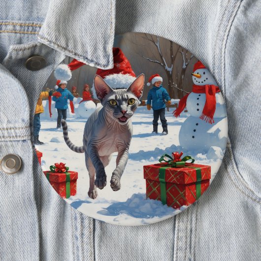 Sphynx Cat läuft im Schnee mit Weihnachtsmütze Button (Beispiel)