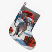 Sphynx Cat läuft im Schnee mit Weihnachtsmütze Großer Weihnachtsstrumpf (Vorderansicht (hängend))