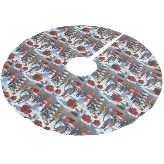 Sphynx Cat läuft im Schnee mit Weihnachtsmütze Polyester Weihnachtsbaumdecke (Schrägansicht)