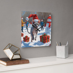 Sphynx Cat läuft im Schnee mit Weihnachtsmütze Quadratische Wanduhr