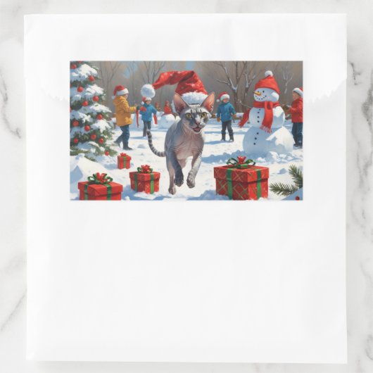 Sphynx Cat läuft im Schnee mit Weihnachtsmütze Rechteckiger Aufkleber (Tasche)