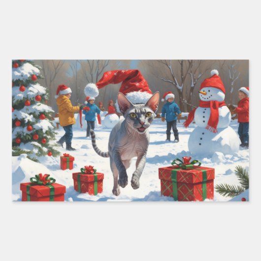 Sphynx Cat läuft im Schnee mit Weihnachtsmütze Rechteckiger Aufkleber (Vorderseite)