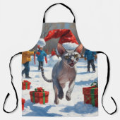 Sphynx Cat läuft im Schnee mit Weihnachtsmütze Schürze (Vorderseite)