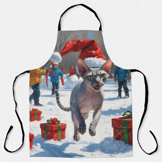 Sphynx Cat läuft im Schnee mit Weihnachtsmütze Schürze (Vorderseite)