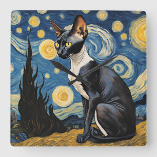 Sphynx Cat Starry Night Van Gogh Pet Portrait Quadratische Wanduhr