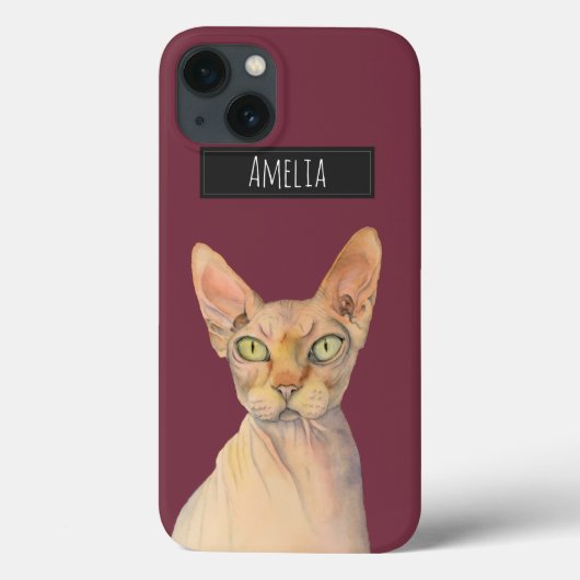 Sphynx Cat Watercolor Portrait mit Namen Case-Mate iPhone Hülle (Rückseite)