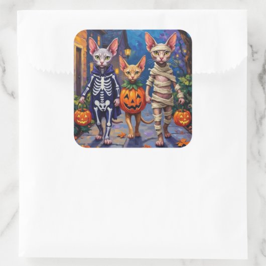 Sphynx Cats Trick-or-Treating in Halloween-Kostüm Quadratischer Aufkleber (Tasche)