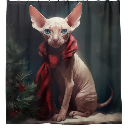 Sphynx Hund im Schnee Weihnachten Duschvorhang (Vorderseite)