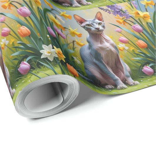 Sphynx Kat Spring Flowers Malerei Geschenkpapier (Rolleneckpunkt)