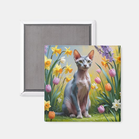 Sphynx Kat Spring Flowers Malerei Magnet (Vorderseite/Rückseite)