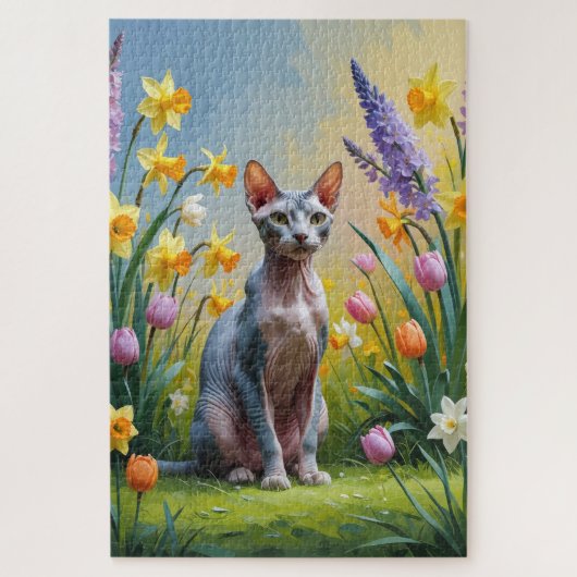 Sphynx Kat Spring Flowers Malerei Puzzle (Vertikal)