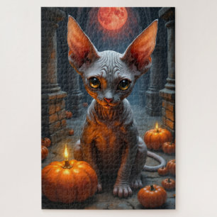 Sphynx-Katze dunkle gothische Halloween-Porträtkun Puzzle