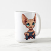Sphynx-Katze hält Spielcontroller Kaffeetasse (VorderseiteRechts)