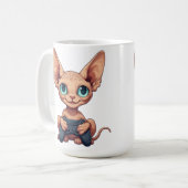 Sphynx-Katze hält Spielcontroller Kaffeetasse (Vorderseite Links)