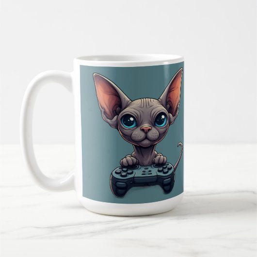 Sphynx-Katze hält Spielcontroller Kaffeetasse (Links)