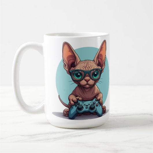 Sphynx-Katze hält Spielcontroller Kaffeetasse (Links)